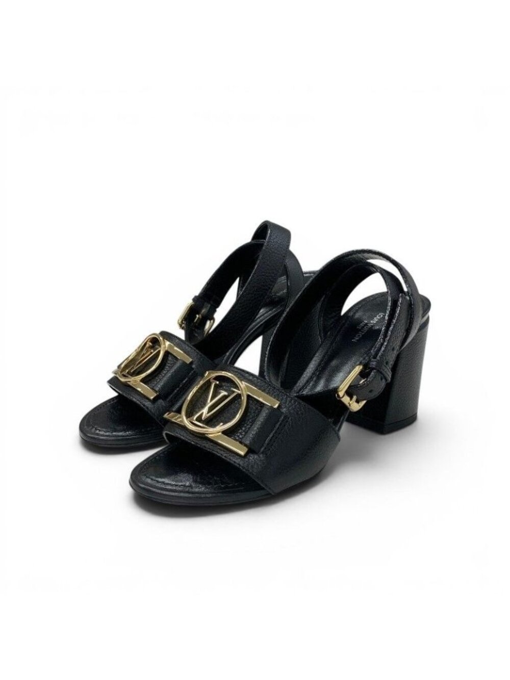 Louis Vuitton Rock Itline Sandals Leather Black Gold Logo Strap